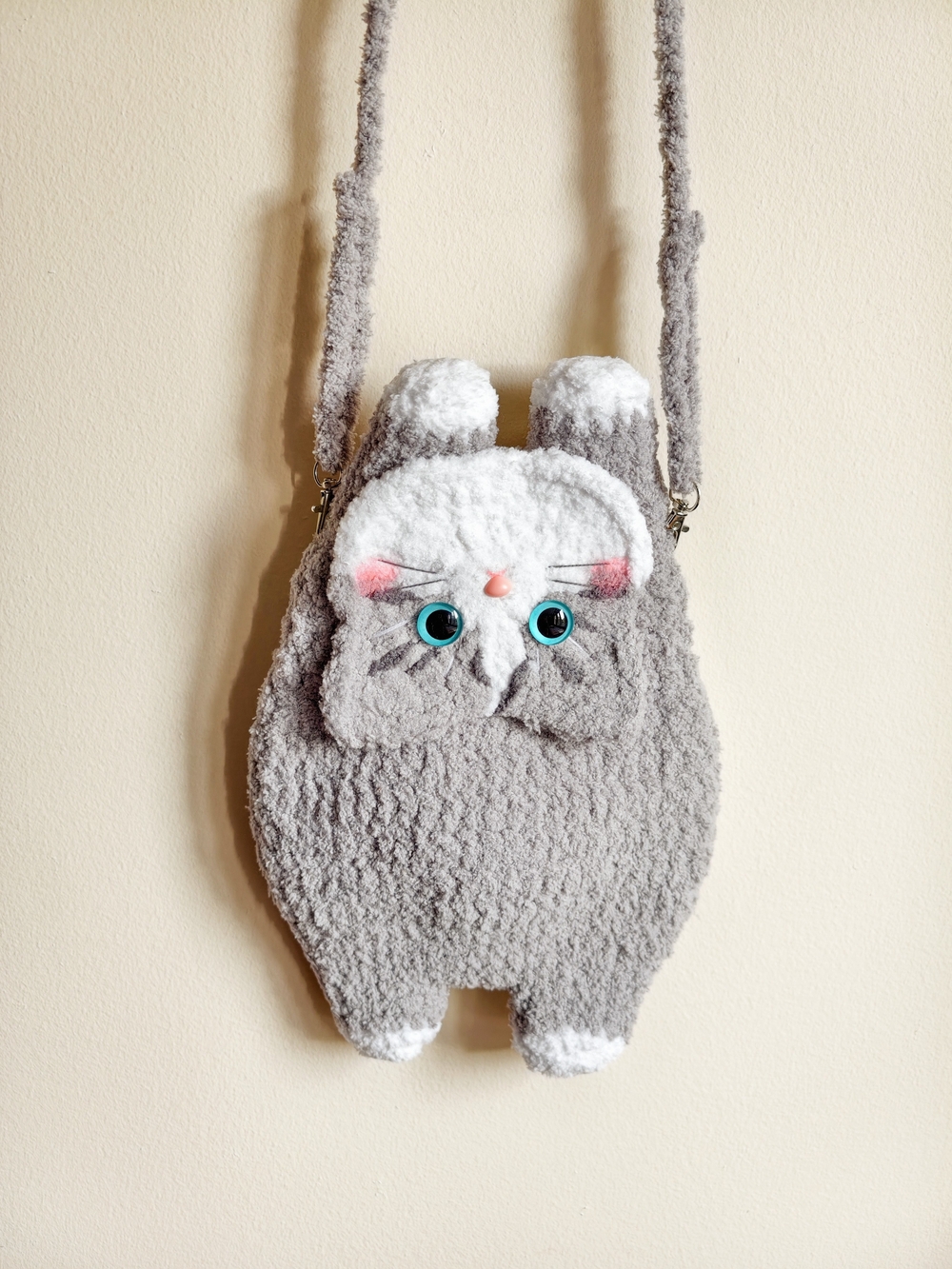 Handmade Crochet Cute Gray Cat Bag Crossbody Purse, Cellphone bag
